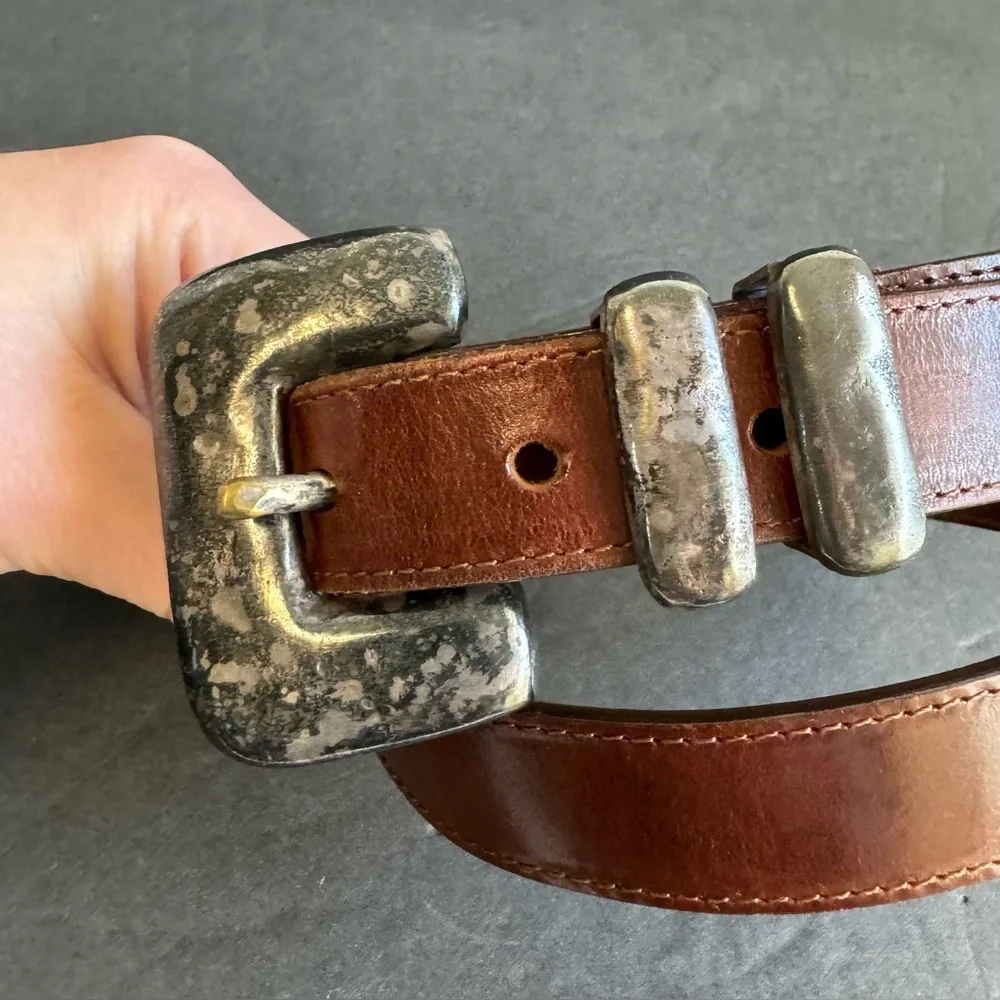Y2K Brown Leather Belt‎ Eddie Bauer Tarnished Silver Tone Buckle Womens Medium